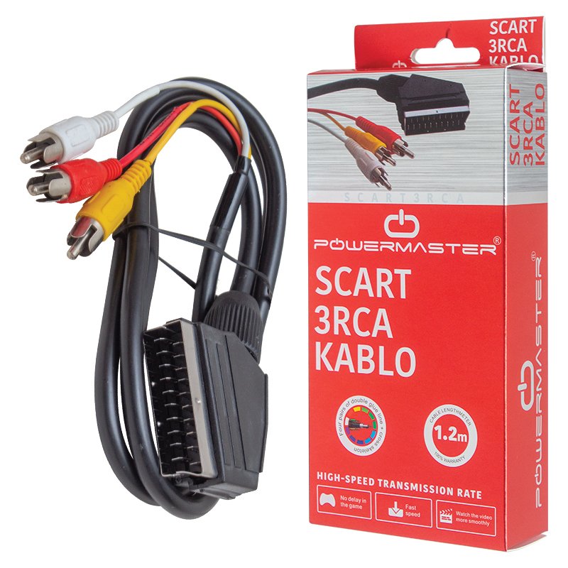 SCART 3 RCA KABLO 1.2 METRE 7 MM SİYAH * SCART TOS KABLO KUTULU POWERMASTER